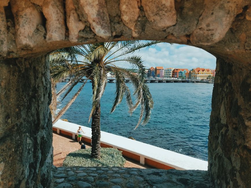 Captivating view through a stone arch revealing palm trees and colorful waterfront of Willemstad, Curaçao.