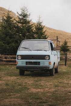 A vintage blue van parked in a rural countryside setting with pine trees.