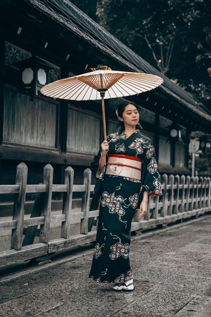Japanese woman in kimono with umbrella at Kyoto temple.