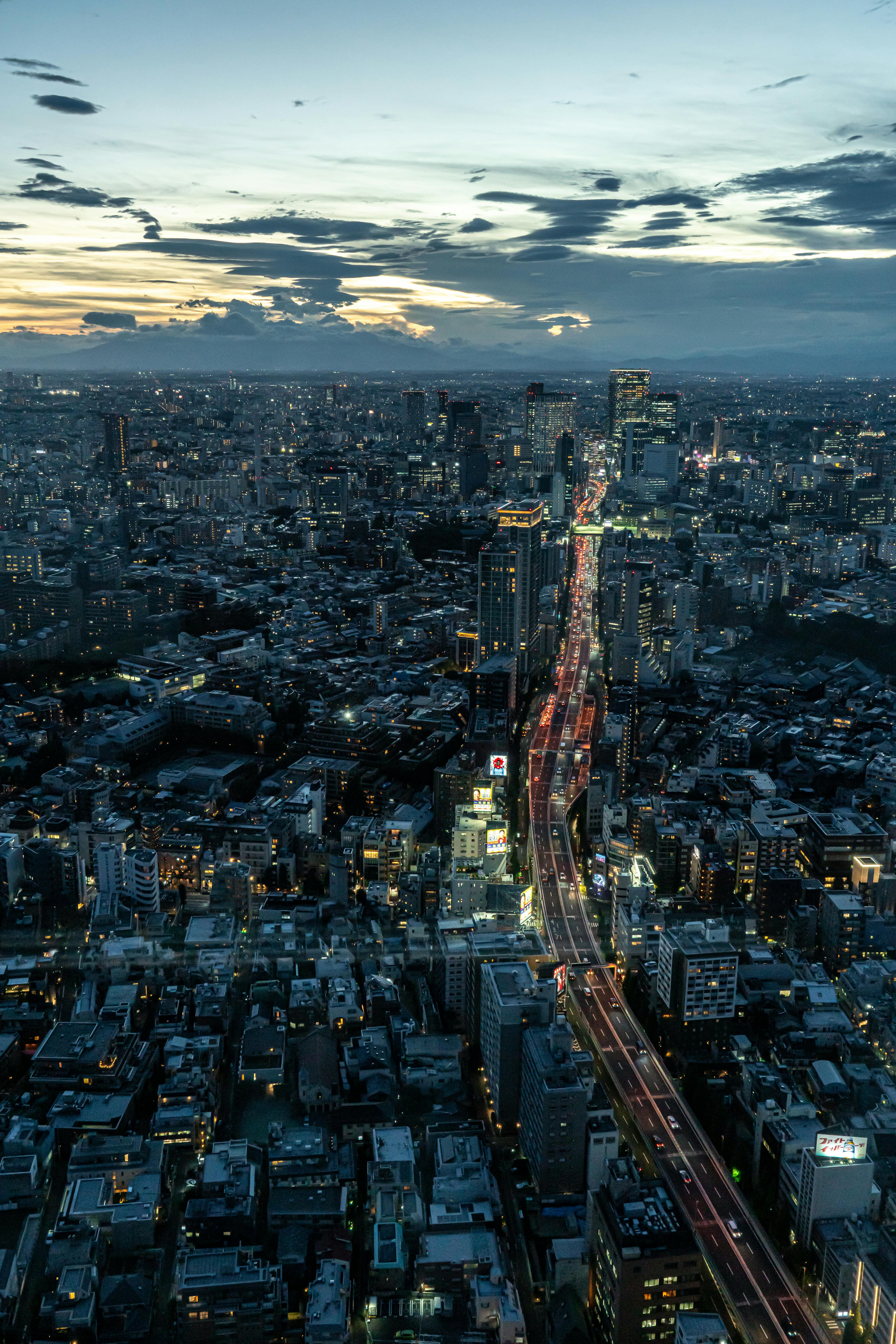 A captivating aerial view of Tokyo's skyline at dusk, featuring busy streets and glowing city lights.