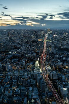 A captivating aerial view of Tokyo's skyline at dusk, featuring busy streets and glowing city lights.