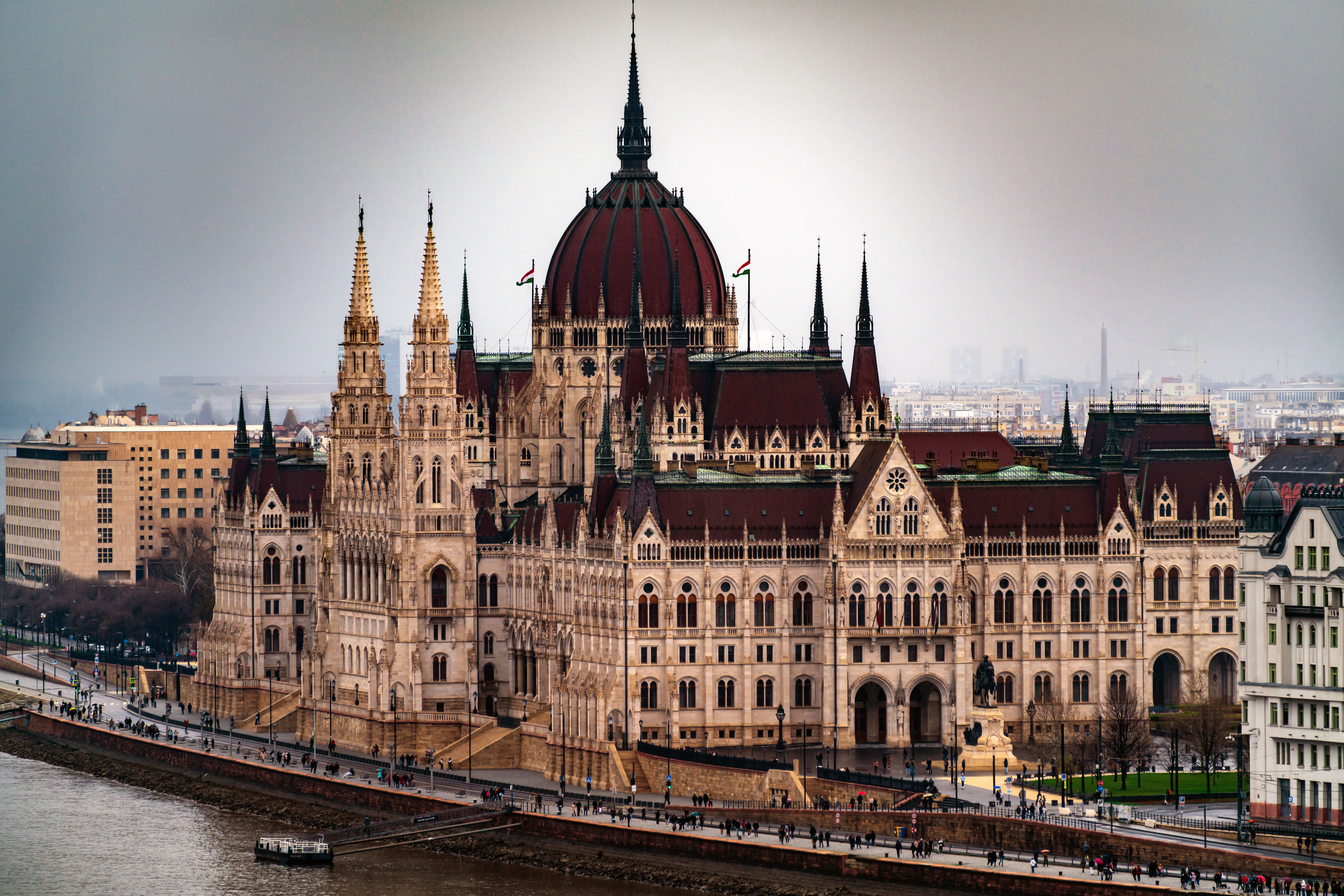 Panoramic view of the iconic Hungarian Parliament Building in Budapest, Hungary.