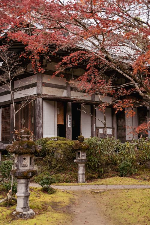 Free A serene Japanese temple surrounded by autumn foliage, showcasing traditional architecture. Stock Photo