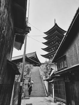 Black and white photograph of a traditional Japanese pagoda and street.