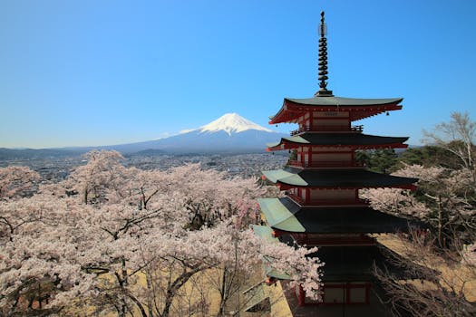 Iconic view of Chureito Pagoda and Mount Fuji during cherry blossom season in Fujiyoshida, Japan.