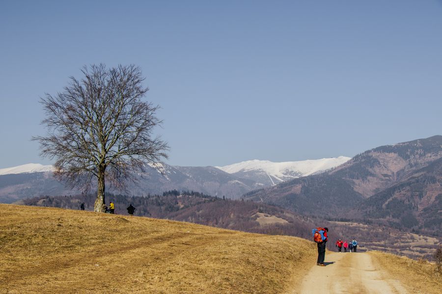 Turisté s batohy jdou po polní cestě k zasněženým hřebenům