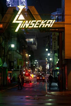 Neon-lit Osaka street at night showcasing Shinsekai's vibrant urban life.
