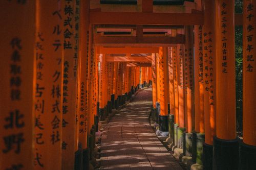 Free A serene path lined with red torii gates at the Fushimi Inari Shrine in Kyoto, Japan. Stock Photo
