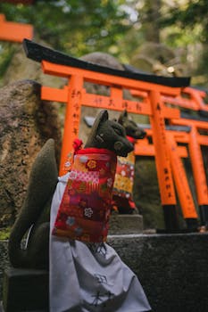 Fox statue adorned with a colorful bib at Fushimi Inari Shrine in Kyoto, Japan.