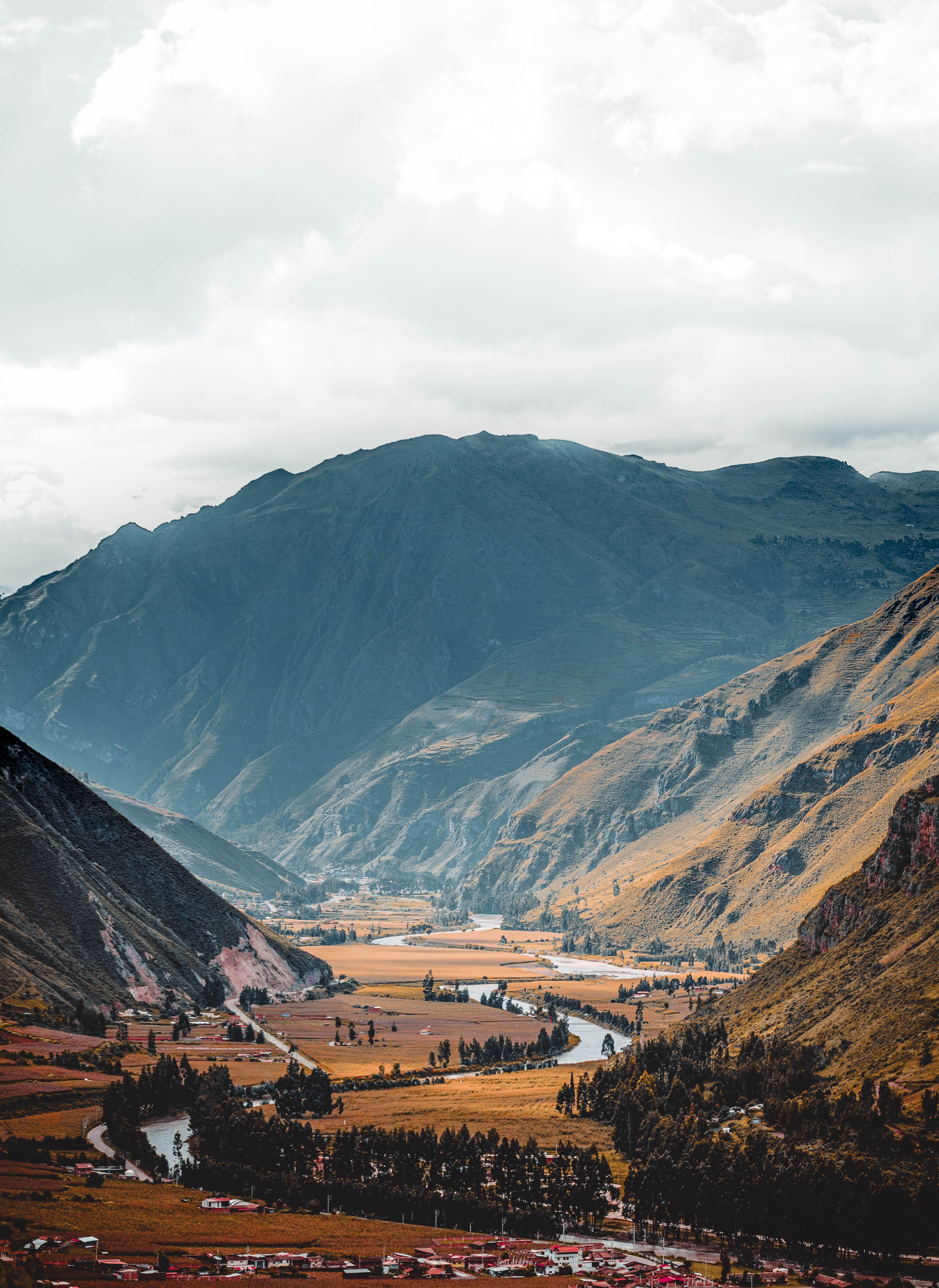 Aerial view of an Andean mountain valley in Peru