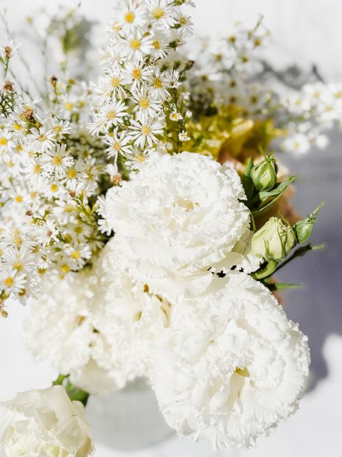 Free Sunny bouquet of white carnations and daisies with bright lighting. Stock Photo