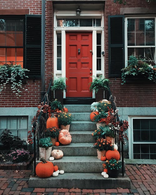 Pumpkins on Stairs in Front of A Door