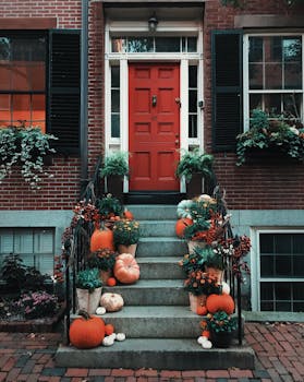 波士顿门口摆放着南瓜和绿色植物作为秋季节日装饰