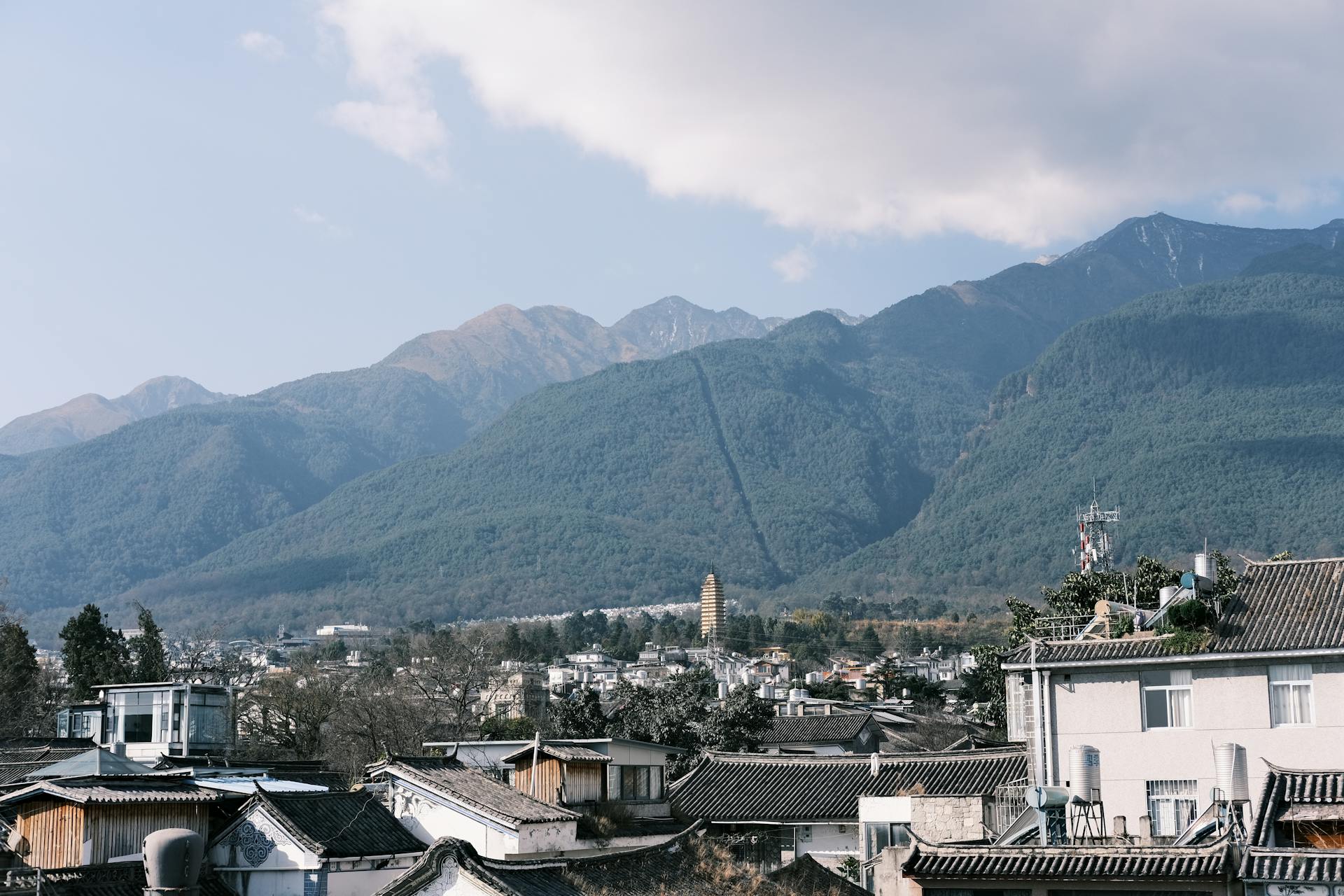 Picturesque view of Dali Old Town with Cangshan Mountains in the background, under a partly cloudy sky.