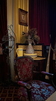 A vintage setting with ornate furniture, tapestry, and antique decor, creating a classic ambiance.