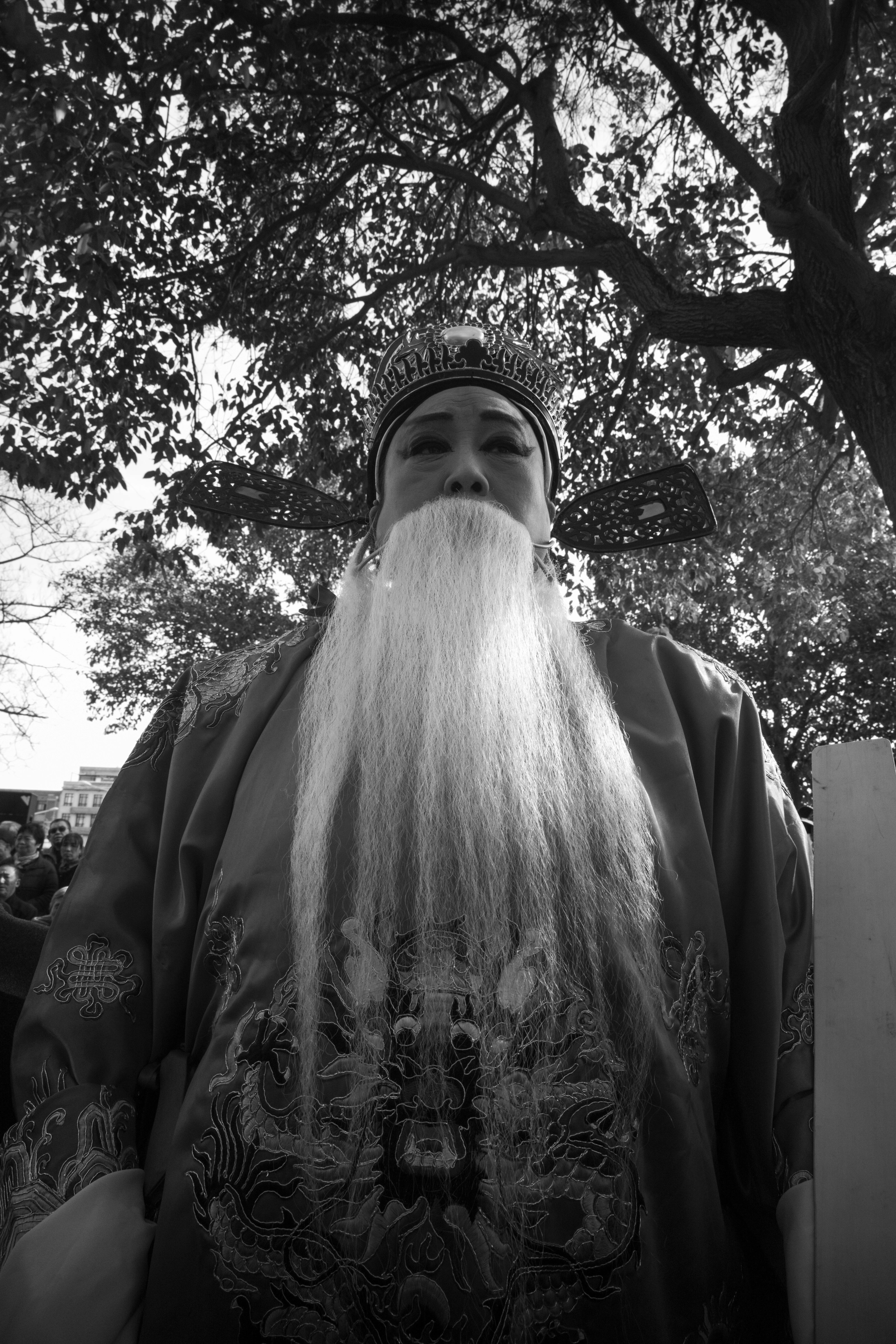 Black and white portrait showcasing traditional Chinese attire, set against a leafy outdoor background.