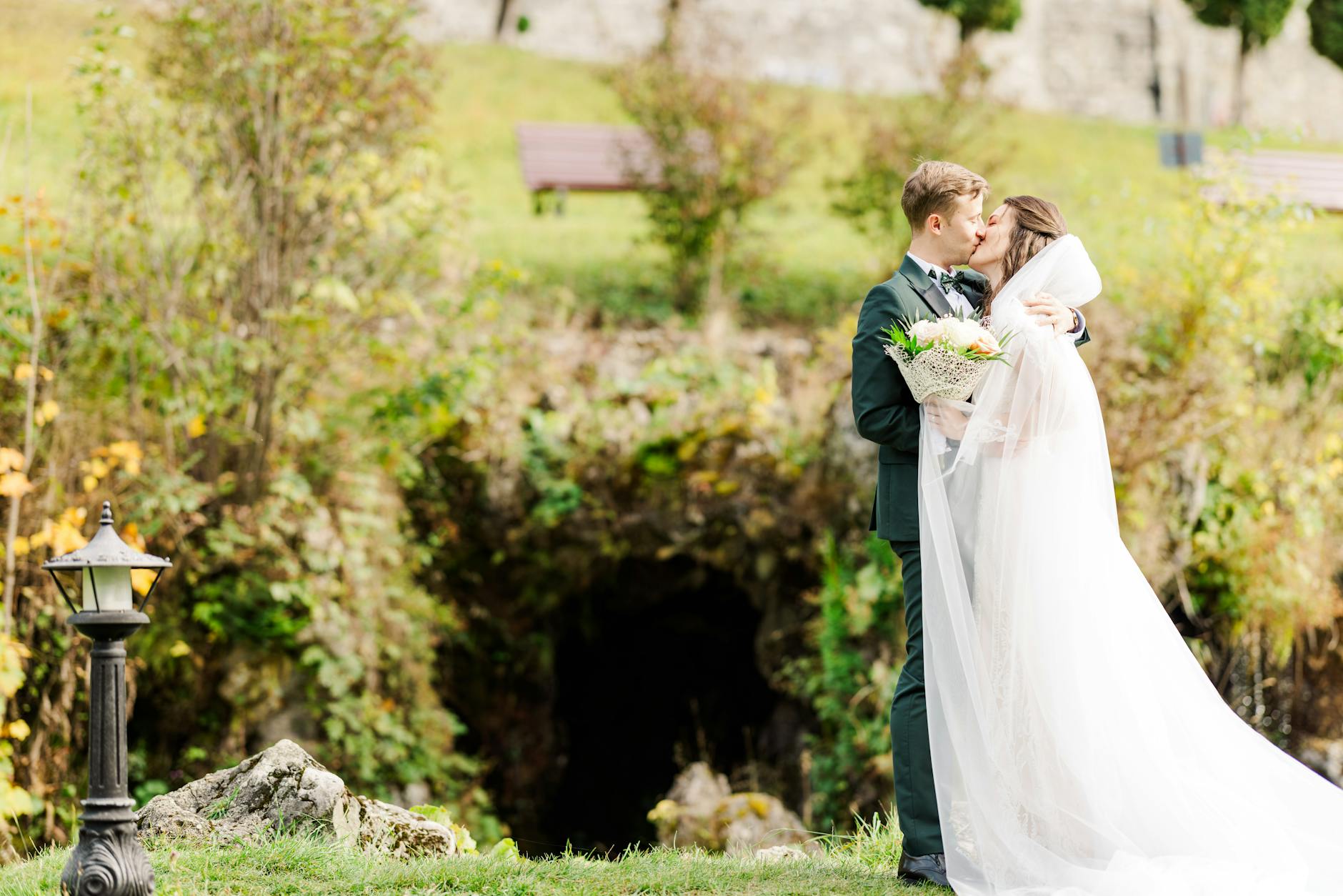 Couple during their elopement ceremony at a Rib Mountain State Park landmark