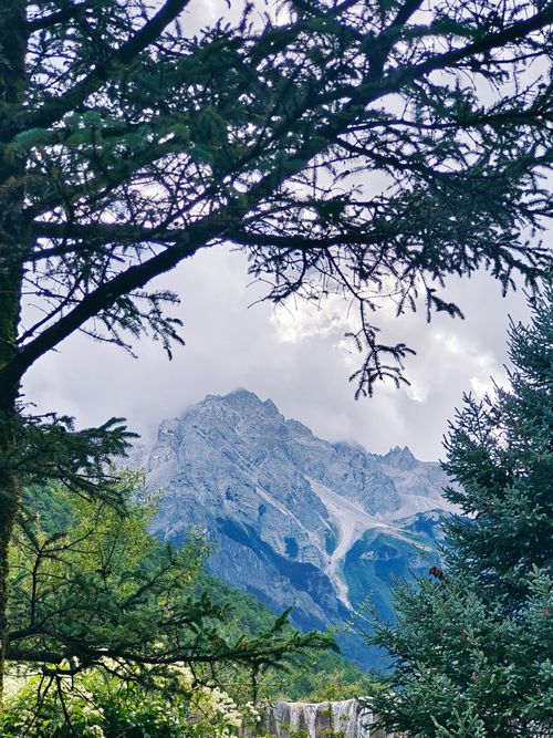 Free Scenic view of a majestic alpine mountain surrounded by lush greenery, framed by trees. Stock Photo