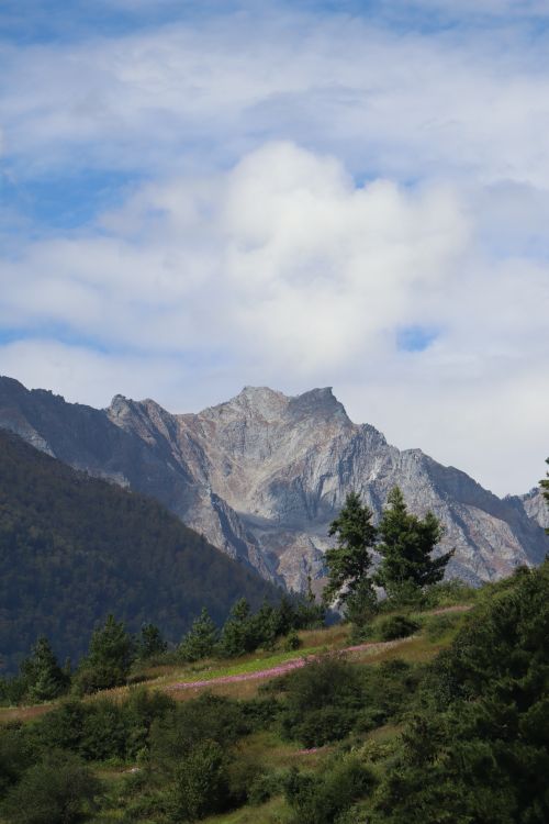 Free Scenic view of a mountain range with lush greenery under a blue sky. Stock Photo