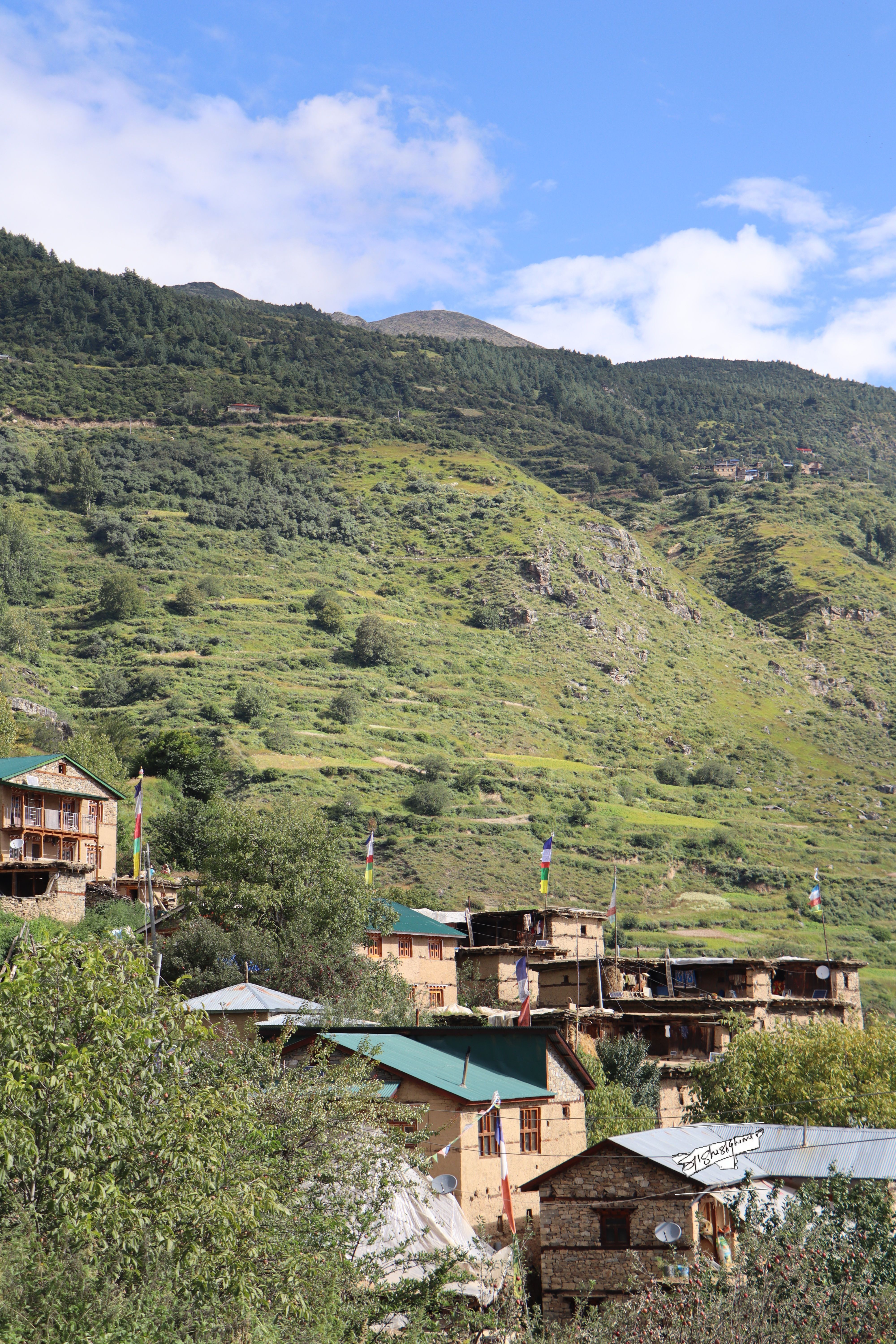 Charming mountain village with lush greenery and traditional homes under a bright blue sky.