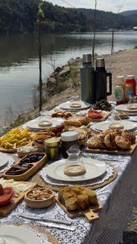 A vibrant outdoor picnic setup by a serene lake featuring an array of delicious foods, ideal for social gatherings.