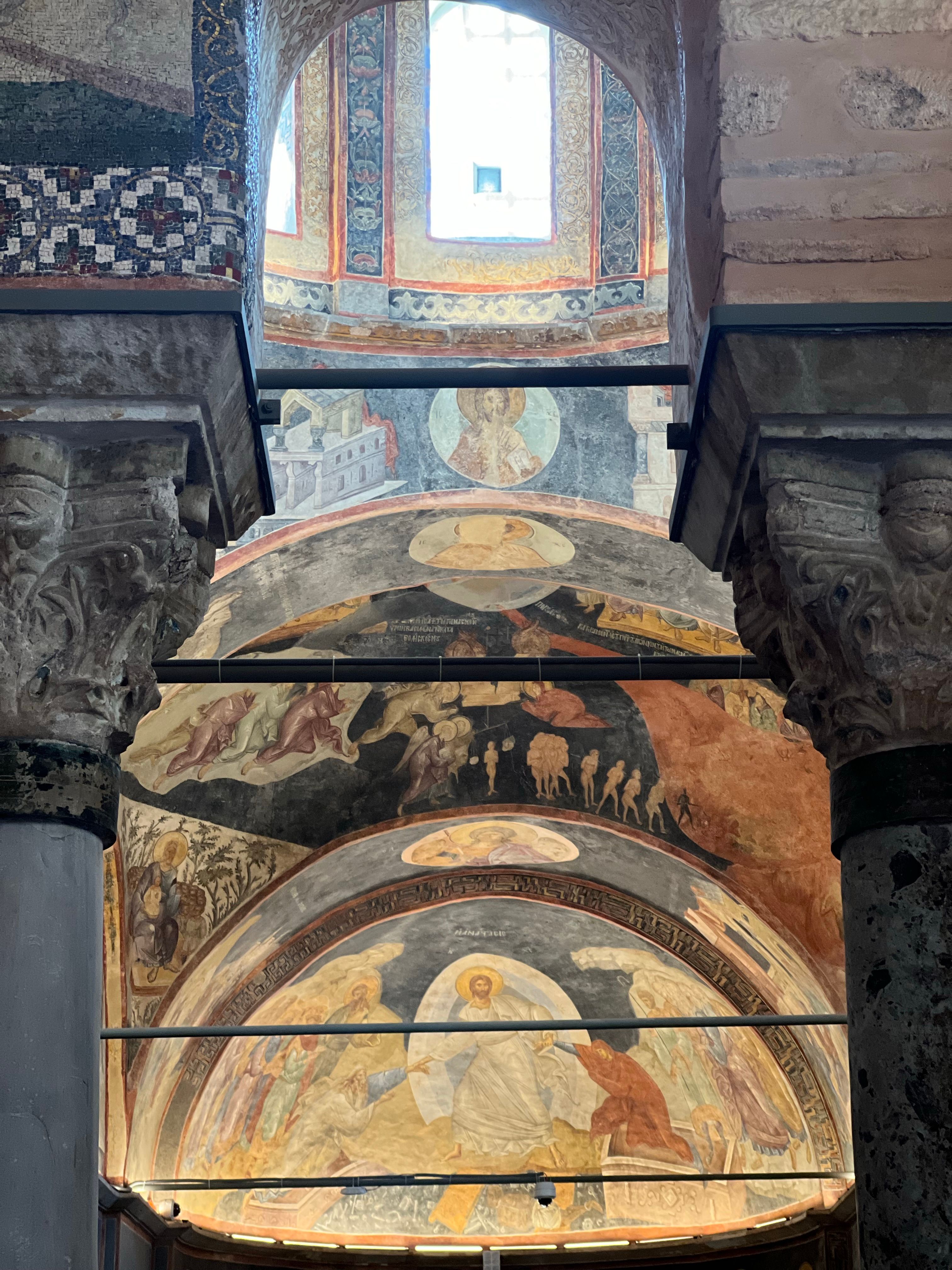 Detailed frescoes inside the historic Kariye Museum in Istanbul, Türkiye.