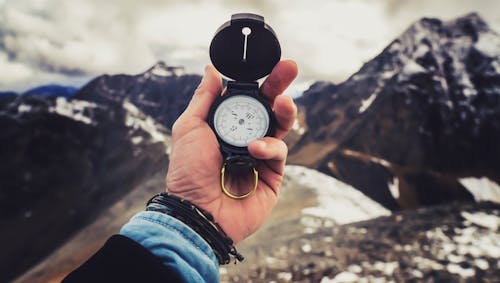 Man Hand Holding Compass in Mountains