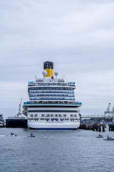 Large cruise ship docked at a harbor with watercraft nearby on a cloudy day.