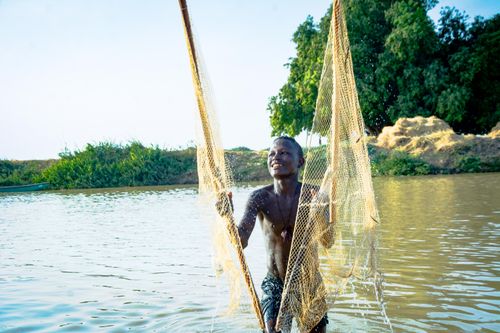 Free A young fisherman skillfully casts his net in a tranquil river setting on a sunny day. Stock Photo