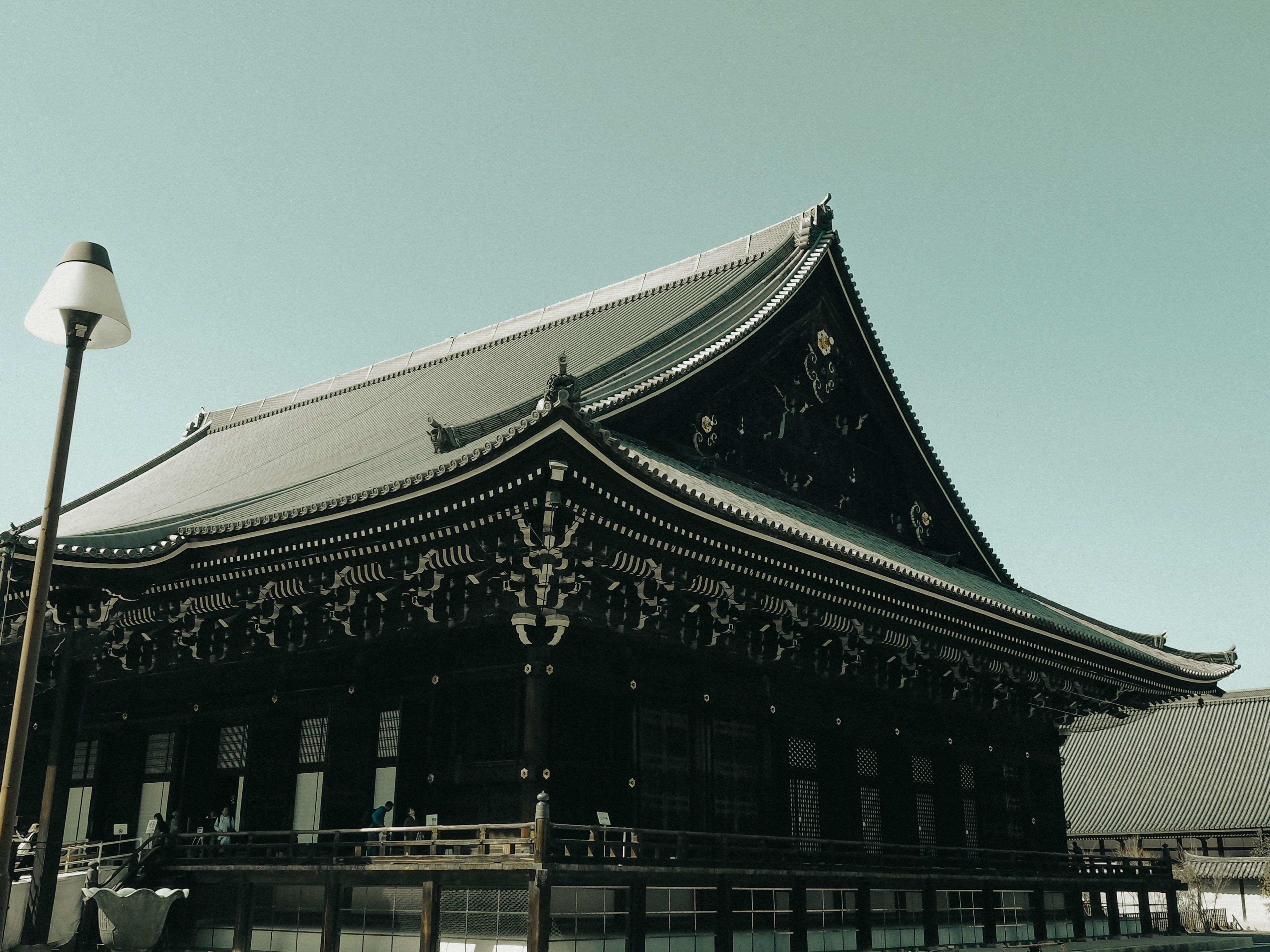 Beautiful Japanese temple showcasing traditional architectural design under a clear sky.