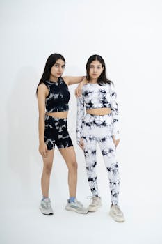 Two young women posing in stylish black and white tie-dye activewear indoors.