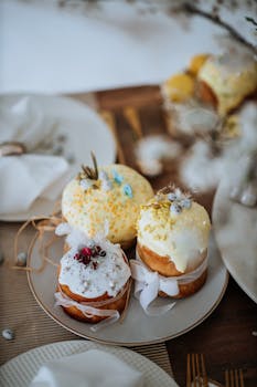 Decorative Easter cakes with icing on a rustic table setting. Perfect for holiday celebrations.