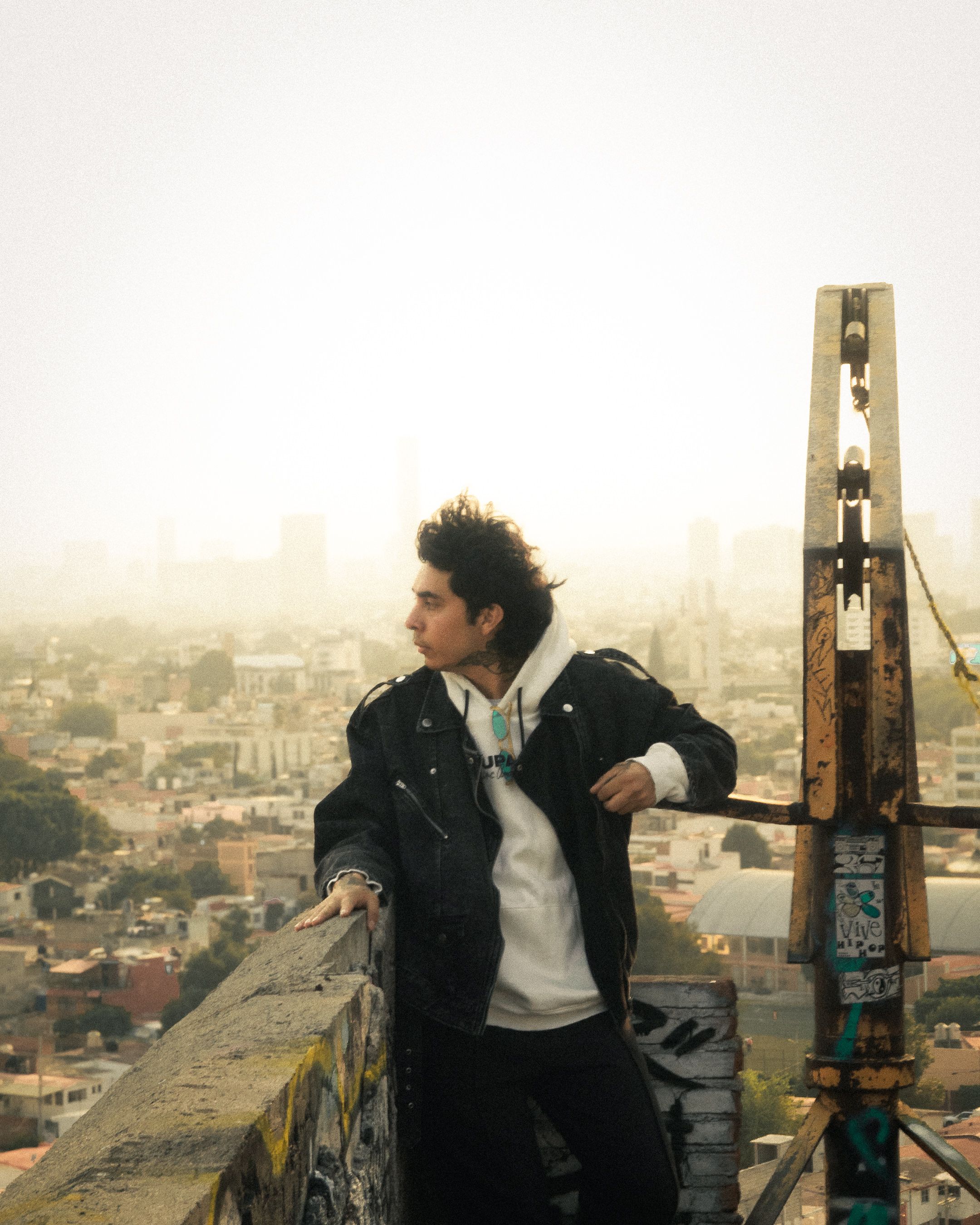 A young man stands on a rooftop railing, overlooking a sprawling cityscape with a hazy skyline.