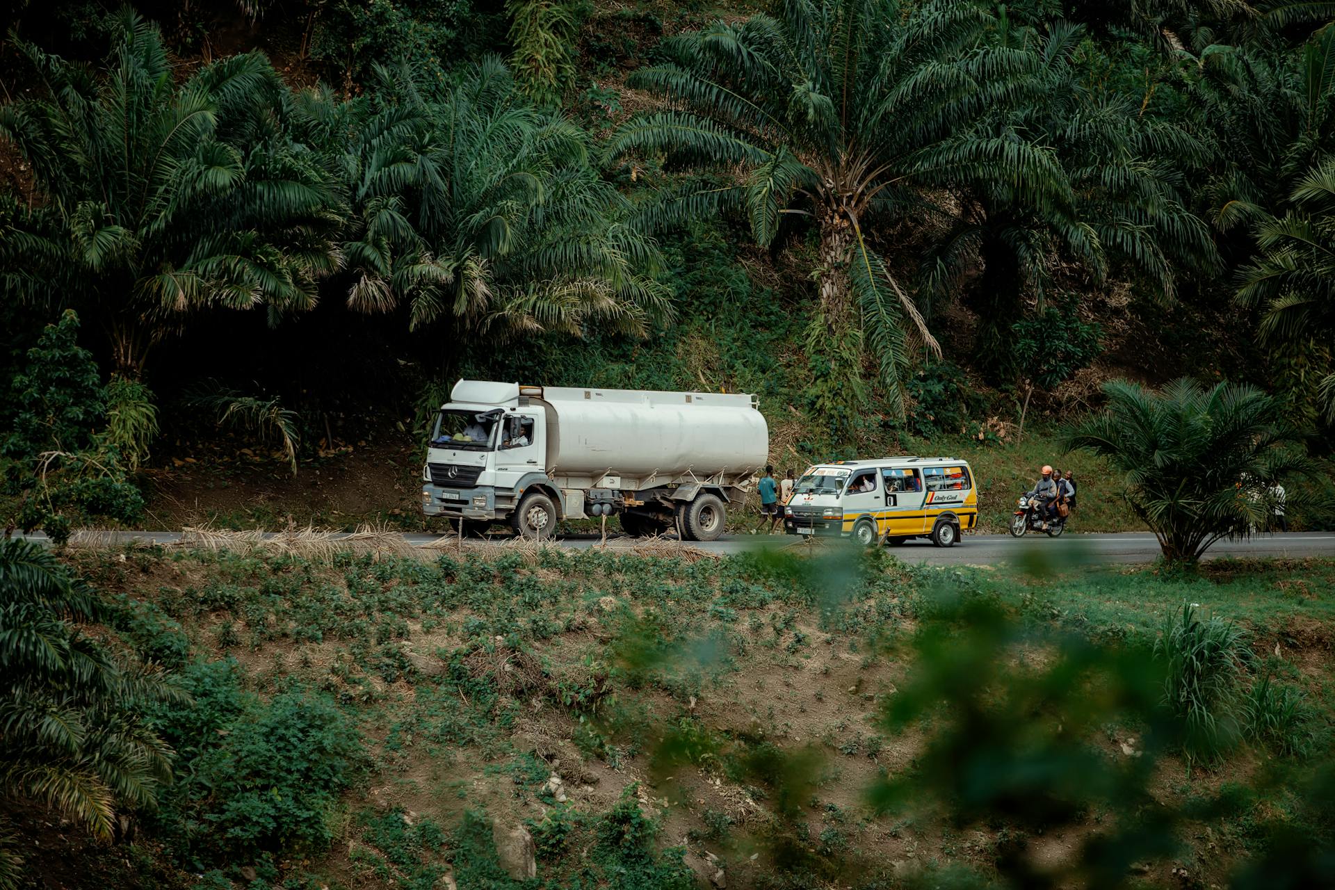 A tanker truck and vehicles on a rural road surrounded by lush greenery, highlighting transport in nature.