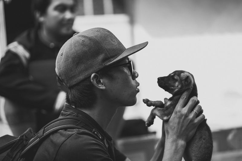 Sahibiyle şefkatli bir an paylaşan yavru köpek