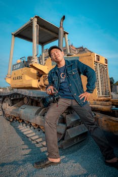 A photographer standing confidently with his camera near a bulldozer on a sunny day in Vietnam.