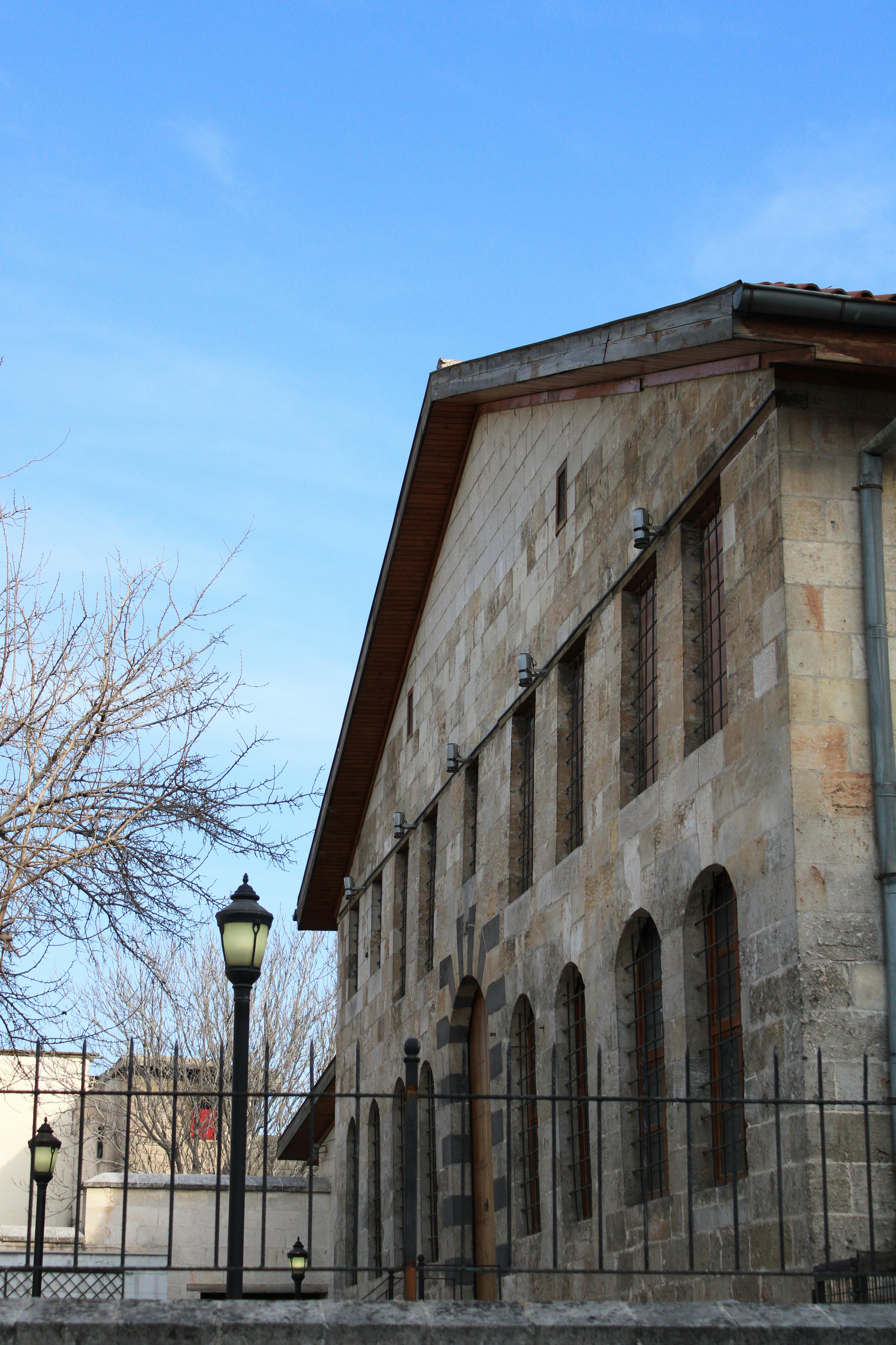 historic stone building in winter outdoors