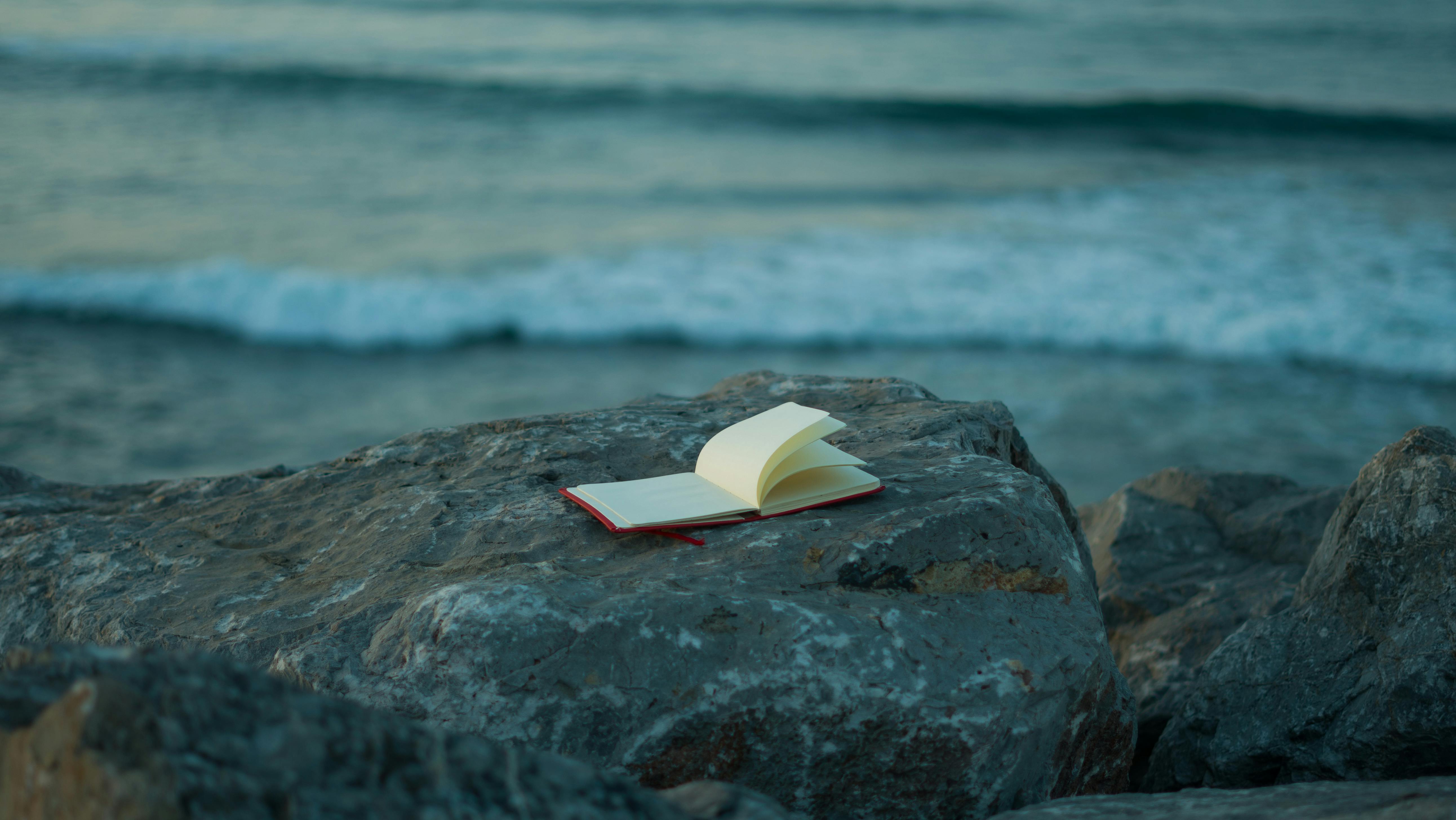 An open notebook on a rocky coastline at dusk, closer to remembrance than reinvention.