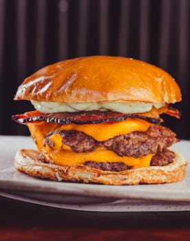 Close-up of a delicious double cheeseburger with bacon and melted cheese.