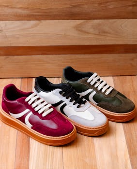 Three pairs of trendy sneakers on a wooden floor offer a stylish footwear display.