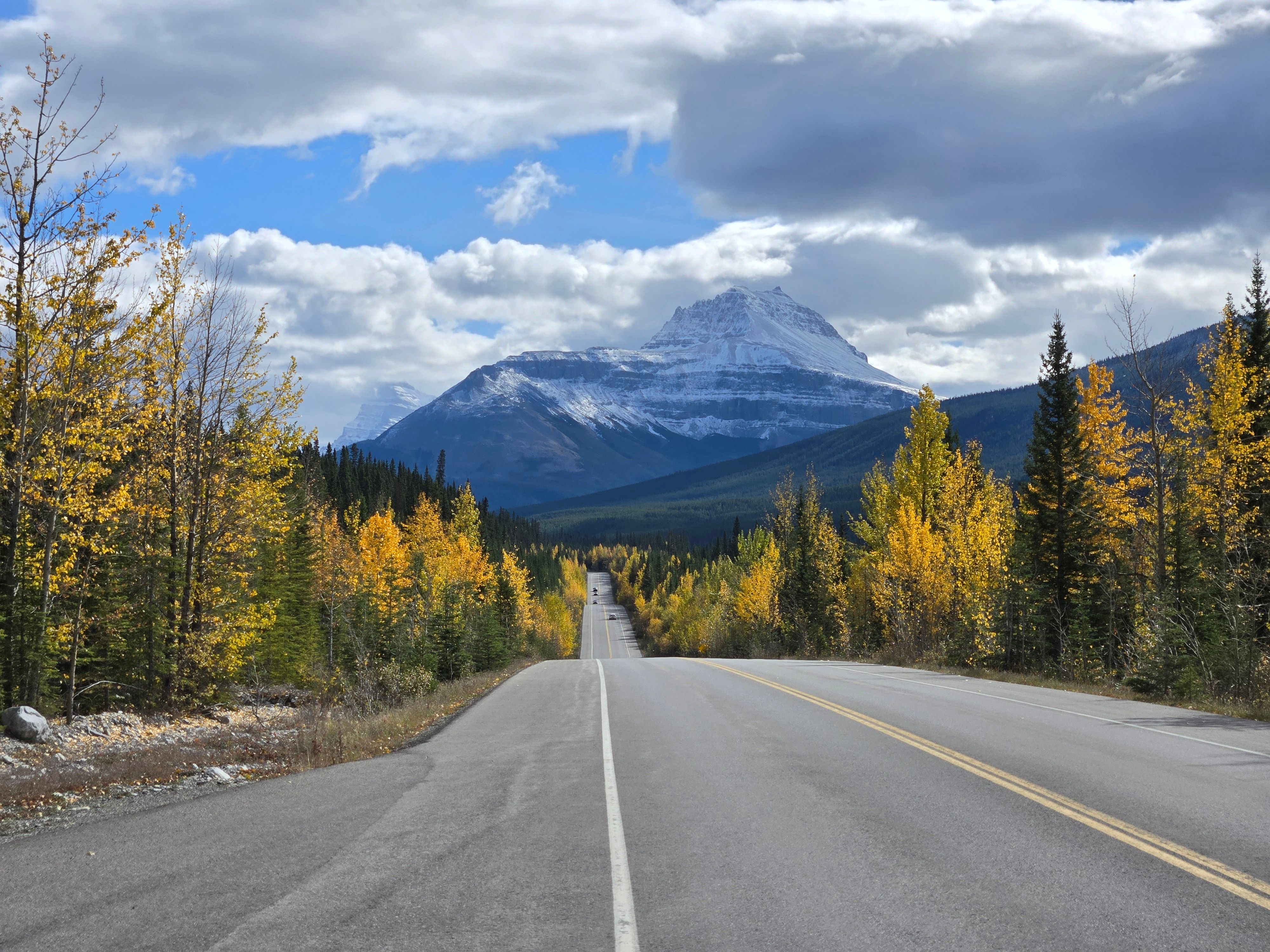 Breathtaking view of a mountain road surrounded by autumn foliage and snow-capped peaks.