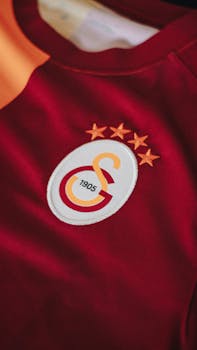 Detailed close-up of a Galatasaray soccer jersey showing its emblem and colors.