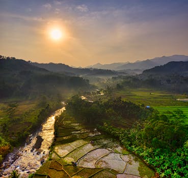 印度尼西亚西爪哇日出时分的航拍照片，展现了令人惊叹的水稻梯田