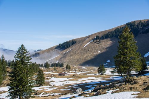 Free Beautiful winter landscape in Wildhaus-Alt Sankt Johann, Switzerland, with snow-capped mountains and evergreen trees. Stock Photo