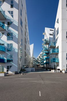 Stunning view of the iconic Isbjerget buildings in Aarhus, Denmark, showcasing contemporary architecture.