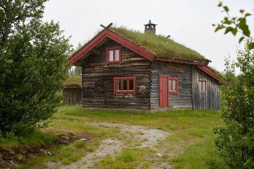 Free Cozy rural log cabin surrounded by nature in lush Telemark, Norway. Stock Photo