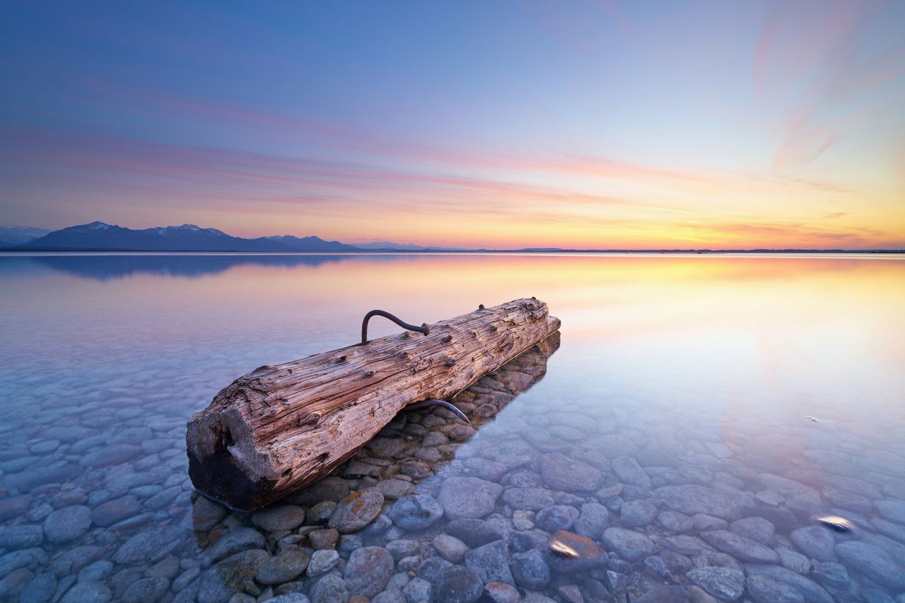 peaceful sunset view of a calm bavarian lake with driftwood and mounta
