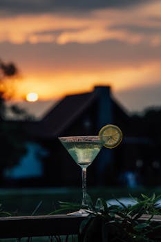 A refreshing cocktail garnished with lemon slice set against a serene sunset backdrop.