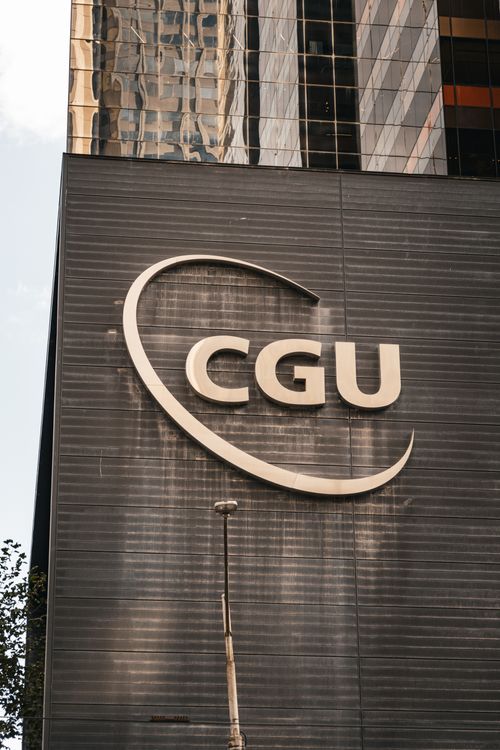 Free Close-up view of a modern skyscraper featuring the CGU logo in Melbourne, Australia. Stock Photo