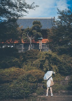 A woman with an umbrella stands in Ueno Park, Tokyo, surrounded by lush greenery under a bright summer sky.